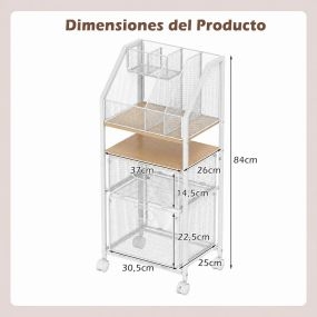 Carrito de almacenamiento para estudio con 2 cajones, ruedas con freno, 37 x 26 x 84 cm, blanco