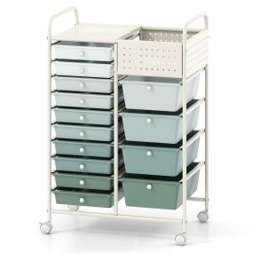 Carrito de almacenamiento verde degradado con 14 cajones, PP, tablero perforado y ruedas con freno 63 x 37 x 87,5 cm