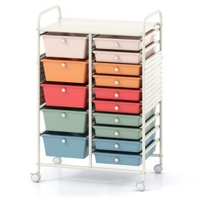 Carrito de almacenamiento tonos macaron con 15 cajones de PP multicolor y ruedas con freno 63 x 37 x 87,5 cm