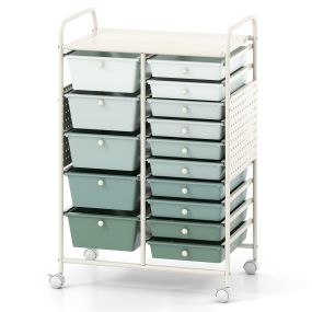 Carrito de almacenamiento verde degradado con 15 cajones de PP y ruedas giratorias con freno 63 x 37 x 87,5 cm