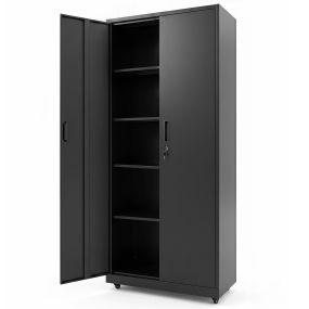Gabinete metálico de oficina con ruedas, estantes ajustables, puerta doble con llave, negro 80 x 40 x 186 cm