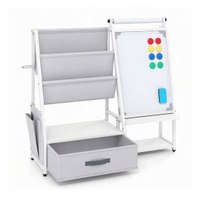 Estantería Infantil Anti Vuelco con Pizarra Blanca Rollo de Dibujo Imanes y Bolsas para Libros y Juguetes 95 x 30 x 87 cm Gris Blanco