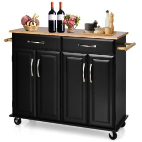 Carro Rodante Para Isla De Cocina Con Encimera De Madera Estantes Ajustables 2 Cajones Grandes 122 x 48 x 92,5 cm-Negro