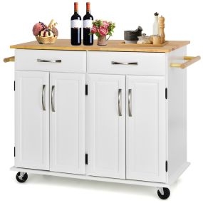 Carro Rodante Para Isla De Cocina Con Encimera De Madera Estantes Ajustables 2 Cajones Grandes 122 x 48 x 92,5 cm-Blanco