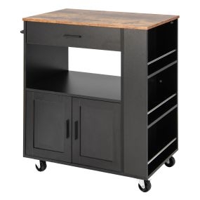 Carrito de Cocina con Ruedas con 3 Estantes Abiertos para Especias Cajón Armario Grande de 2 Puertas con Toallero 75 x 50 x 92 cm Negro