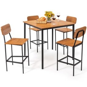 Juego de mesa de comedor de 5 piezas con mesa de altura de mostrador y 4 taburetes de bar nogal