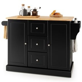 Carro Isla de Cocina sobre Ruedas con Encimera de Madera de Caucho 3 Cajones 2 Armarios con Estantes Ajustables-Negro