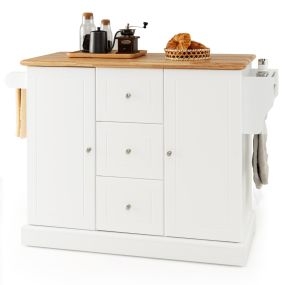 Carro Isla de Cocina sobre Ruedas con Encimera de Madera de Caucho 3 Cajones 2 Armarios con Estantes Ajustables-Blanco