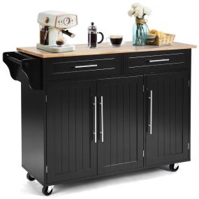 Carrito de Cocina con Ruedas 2 Cajones 2 Gabinetes Isla de Cocina Rodante Porta Toallas Cuchillos Estante Ajustable para Comedor Negro