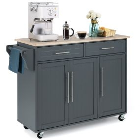 Carrito de Cocina con Ruedas 2 Cajones 2 Gabinetes Isla de Cocina Rodante Porta Toallas Cuchillos Estante Ajustable para Comedor Gris