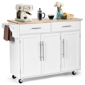 Carrito de Cocina con Ruedas 2 Cajones 2 Gabinetes Isla de Cocina Rodante Porta Toallas Cuchillos Estante Ajustable para Comedor Blanco