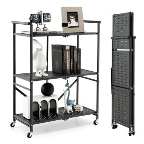 Estante de Metal Plegable de 3 Niveles con Ruedas Bloqueables Móvil para Cocina Sala Garaje 72,5 x 33 x 93,5 cm Negro