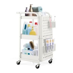 Carro Giratorio de 3 Niveles con Doble Placa de Madera para Bricolaje 2 Cestas y 4 Ganchos 52 x 33 x 75 cm para Cocina y Oficina Blanco