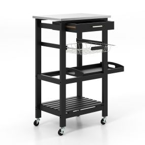 Carro de Servicio 4 Niveles Isla de Cocina Rodante con Encimera de Metal Cajón Extraíble Cesta Bandeja Móvil 47 x 39 x 85 cm Negro