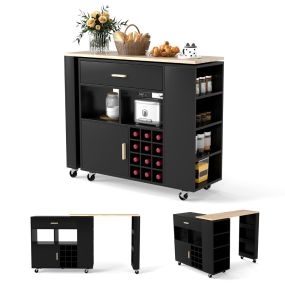 Carrito de Cocina de Servicio Móvil 2 en 1 Carro de Almacenamiento con Tapa de Madera Estante Portabotellas Cajón 120 x 40 x 100 cm Negro
