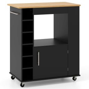 Carrito de Cocina Rodante con Toallero Ruedas y Tapa de Bambú para Comedor y Bar Estante para 6 Botellas de Vino 76 x 44 x 89 cm Negro