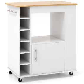 Carrito de Cocina Rodante con Toallero Ruedas y Tapa de Bambú para Comedor y Bar Estante para 6 Botellas de Vino 76 x 44 x 89 cm Blanco