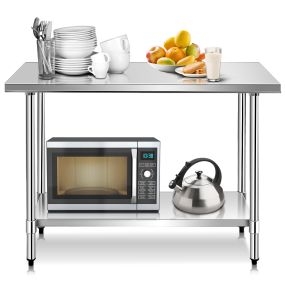 Mesa de Acero Inoxidable de Trabajo Mesa de Preparación de Cocina con Ruedas 2 Niveles Estante Ajustable 122 x 61 x 90 cm
