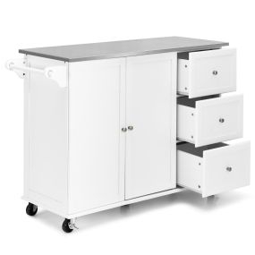 Carrito de Isla de Cocina con Encimera de Acero Inoxidable Estantes Ajustables Cajones 135 x 45,5 x 91,5 cm Blanco