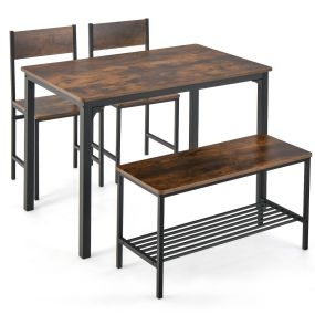 Juego de Mesa de Reunión Industrial con 2 Sillas y 1 Banco Marco de Metal y Estante Marrón