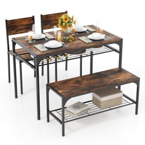 Juego de Mesa de Reunión Industrial y 2 Sillas de Comedor de 4 Piezas con Marco de Metal y Estante Moderno para Comedor y Cocina Marrón