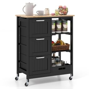 Carro de Isla de Cocina con Tapa de Madera 3 Cajones de Almacenamiento 2 Estantes Extraíbles y Bandeja 67 x 37 x 83,5 cm-Negro