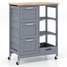 Carro de Isla de Cocina con Tapa de Madera 3 Cajones de Almacenamiento 2 Estantes Extraíbles y Bandeja 67 x 37 x 83,5 cm Gris