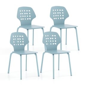 Juego de 4 Sillas de Comedor de Metal Modernas Sillas de Cocina con Respaldo Hueco y Patas de Metal Silla de Invitados sin Brazos Azul