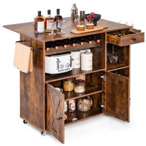Carrito de Cocina Buffet con Ruedas Hoja Abatible Estante de Vino para Copas Gabinete para Estación de Café 121 x 68 x 88 cm Marrón