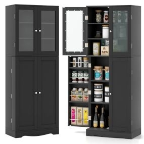 Armario de Almacenamiento para Despensa de Cocina con Puertas de Cristal Estantes Adicionales para Puertas Independiente para Comedor Negro