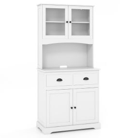 Buffet de cocina con aparador, armario independiente con puertas de vidrio templado, estantes ajustables y cajones, blanco