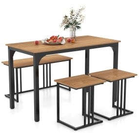 Juego de Mesa de Comedor de 4 Piezas con Banco y 2 Taburetes con Marco de Metal Conjunto Muebles Industrial para Cocina Natural