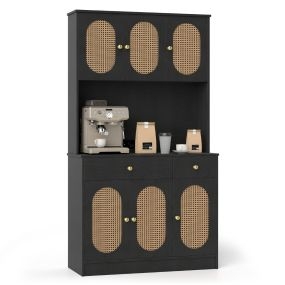 180 cm Armario Despensa Armario Buffet con Conejera Estación de Carga 6 Puertas de Ratán 2 Cajones 4 Estantes Ajustables Mueble Boho Negro