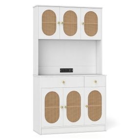 Armario 180 cm con Conejera Estación de Carga 6 Puertas Ratán 2 Cajones 4 Estantes Ajustables Estilo Boho para Salón Comedor Natural
