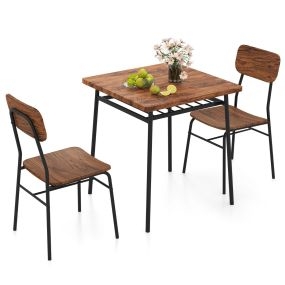 Juego de Mesa de Comedor de 3 Piezas Juego de Mesa y Sillas Cuadradas con Estante Estructura Metálica Juego de Muebles de Cocina Café