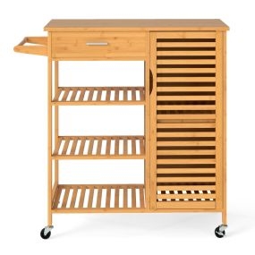 Carrito con Ruedas Carro Aparador de Bambú con Superficie Amplia Cajón 3 Estantes para Cocina y Salón 91 x 44 x 89 cm Natural