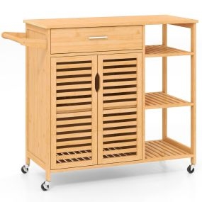 Carro de Cocina con Isla de 90 cm Mueble de Almacenaje Rodante de Bambú con Ruedas Cajón Estantes Organizador Móvil para Comedor Natural