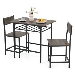 Juego de Mesa de Comedor para 2 Personas con Estante Abierto Marco de Metal 2 Sillas con Respaldos y Reposapiés Set de Comedor Gris