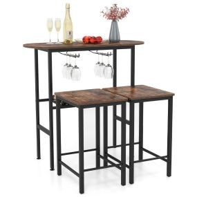 Juego de Comedor de 3 Piezas Mesa con 2 Taburetes Estante Abierto para Vinos 2 Soportes para Copas para Estar Cocina Marrón y Negro