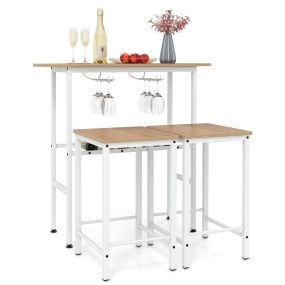 Juego de Comedor de 3 Piezas Mesa con 2 Taburetes Estante Abierto para Vinos 2 Soportes para Copas para Estar Cocina Natural y Blanco