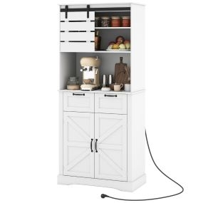 Armario Despensa de Cocina con Toma de Corriente Armario Alto para Café con Puertas Cajones y Estante Ajustable Soporte Blanco