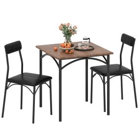 Juego de Comedor de 3 Piezas para 2 Personas Mesa de Cocina Cuadrada y 2 Sillas Acolchadas con Respaldo Estilo Rústico Negro y Marrón