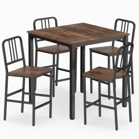 Conjunto de Mesa de Comedor para 4 Personas con Estructura Metálica Mesa Cuadrada Industrial y 4 Taburetes para Rincón Marrón Rústico