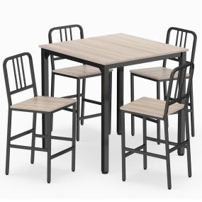 Conjunto de Mesa de Comedor para 4 Personas con Estructura Metálica Mesa Cuadrada Rústica y 4 Taburetes para Rincón Natural
