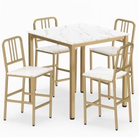 Conjunto de Mesa de Comedor para 4 Personas con Superficie de Mármol Falso Mesa Cuadrada Moderna y 4 Taburetes para Rincón Blanco