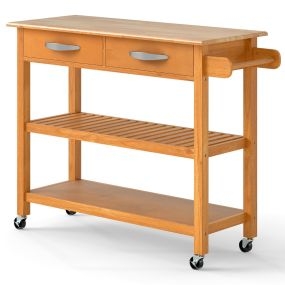 Carrito de Cocina Ahorra Espacio con Ruedas Aparador de Cocina Móvil de Madera con 2 Cajones 2 Estantes Abiertos y Manija Lateral Natural