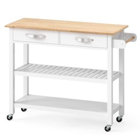 Carrito de Cocina Ahorra Espacio con Ruedas Aparador de Cocina Móvil de Madera con 2 Cajones 2 Estantes Abiertos y Manija Lateral Blanco