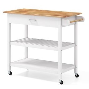 Carrito de Cocina con Encimera de Madera Cajón 2 Estantes de Almacenamiento Abiertos Barra de Colgar y Ruedas con Freno Natural y Blanco