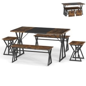 Juego de Comedor de 5 Piezas para 4-6 Personas Mesa de Cocina Rectangular Industrial con 2 Bancos y 2 Taburetes Juego de Comedor Marrón