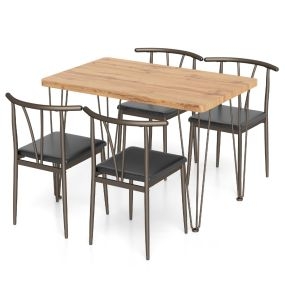 Juego de Mesa de Comedor 5 Piezas Mesa Rectangular Industrial con 4 Sillas Asiento Tapizado Respaldo de Hueso Estructura Metálica